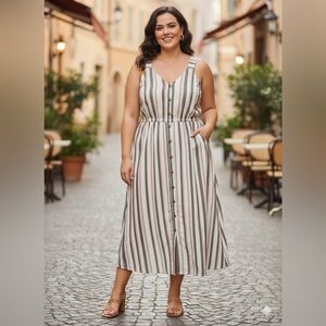 SIZE 2X Terra & Sky Women’s Striped Linen Blend Dress With Button Front Midi